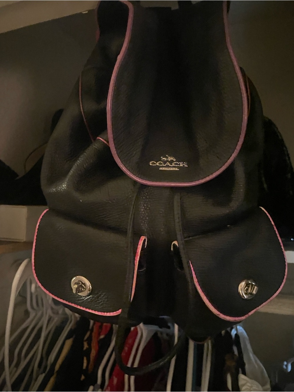 Coach Black Leather Backpack with Pink Piping